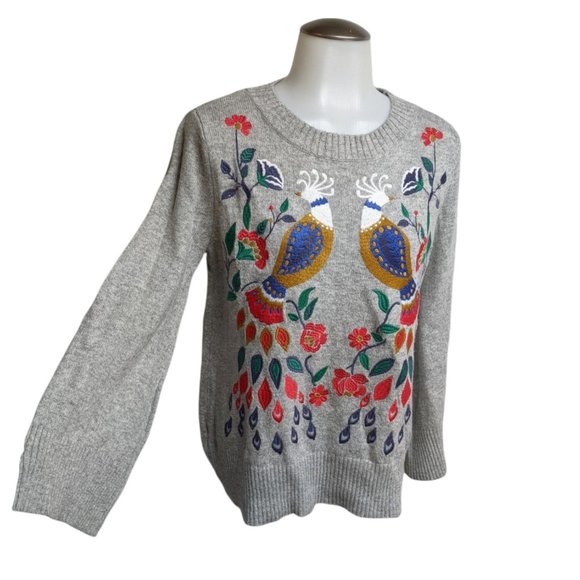 LOFT Sweaters - LOFT Birds / Flowers Embroidered Wool Blend Sweater Gray S